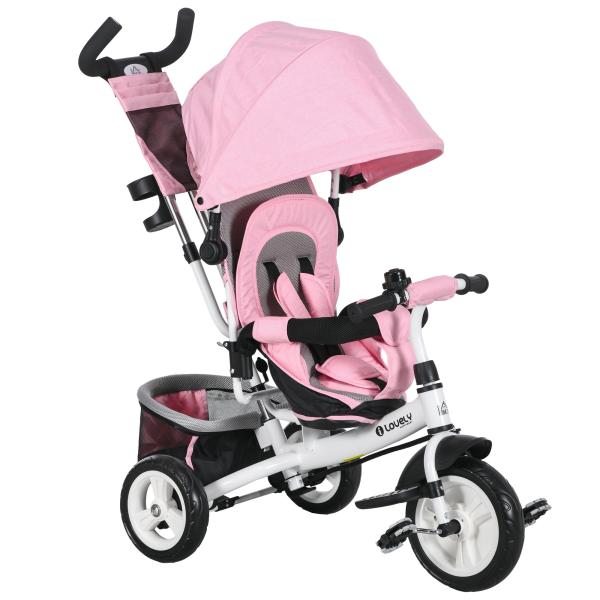 Triciclo para Bebés Evolutivo com Capota Dobrável Guiador Telescópico e Removível Bolsa e Porta - Garrafas 102x49x102 cm Rosa