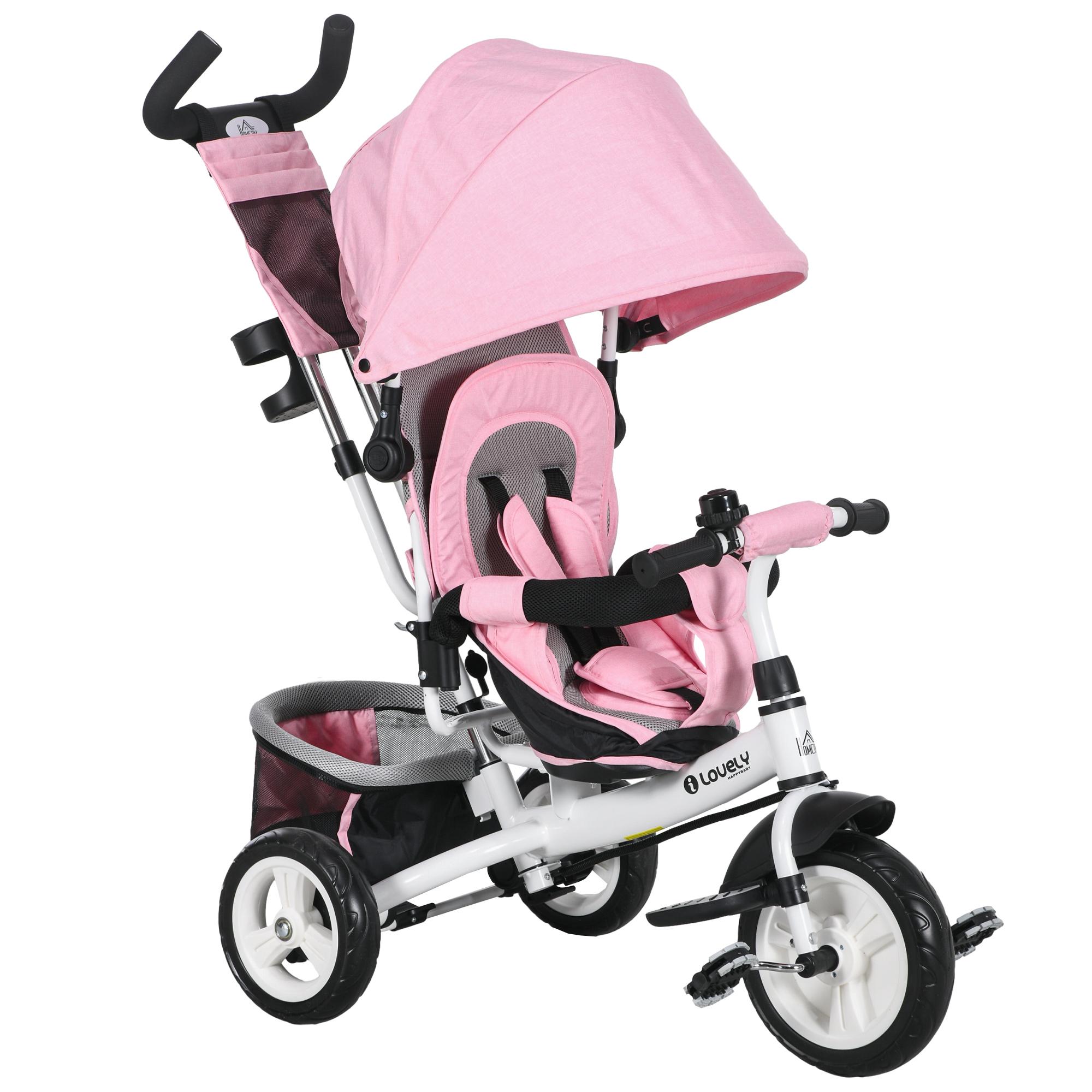Triciclo para Bebés Evolutivo com Capota Dobrável Guiador Telescópico e Removível Bolsa e Porta - Garrafas 102x49x102 cm Rosa