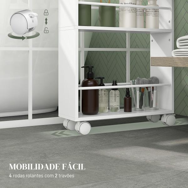 Estante de Casa de Banho com Rodas Carrinho Auxiliar de 3 Níveis com Barras Laterais e Alças 45x15x80 cm Branco