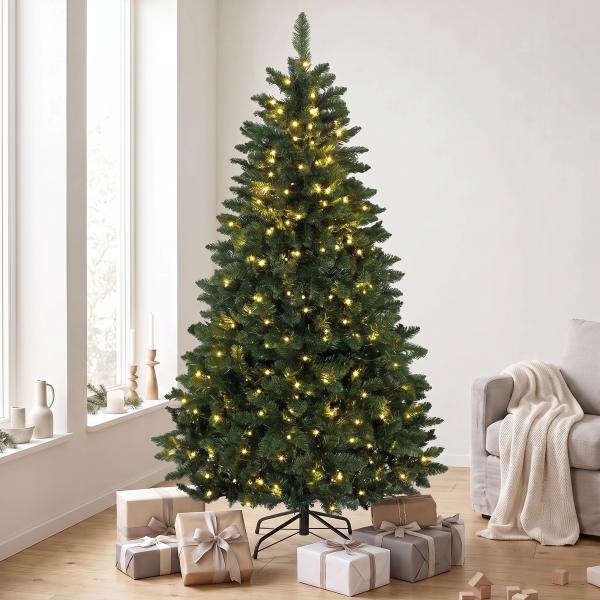 Árvore de Natal 180 cm com 250 Luzes LED, 11 Modos, Comando à Distância, 800 Pontas e Base Dobrável em Aço, Verde