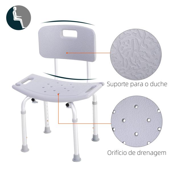 Cadeira para Duche Antiderrapante com Altura Ajustável em 8 Níveis Cadeira de Banho 50,6x43x71 - 88 cm Cinza