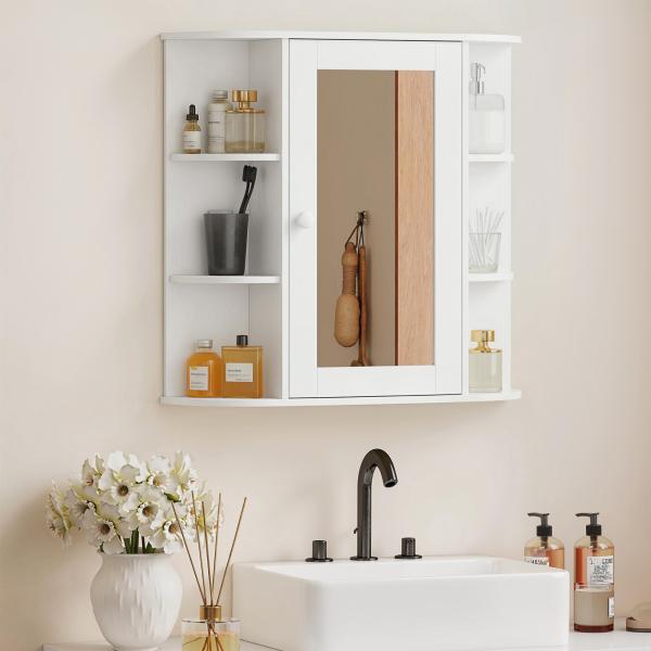 Armário de Casa de Banho com Espelho, Armário de Parede com Porta, Prateleiras Abertas, Móvel Suspenso para Cozinha, Sala, 66x17x63 cm, Branco