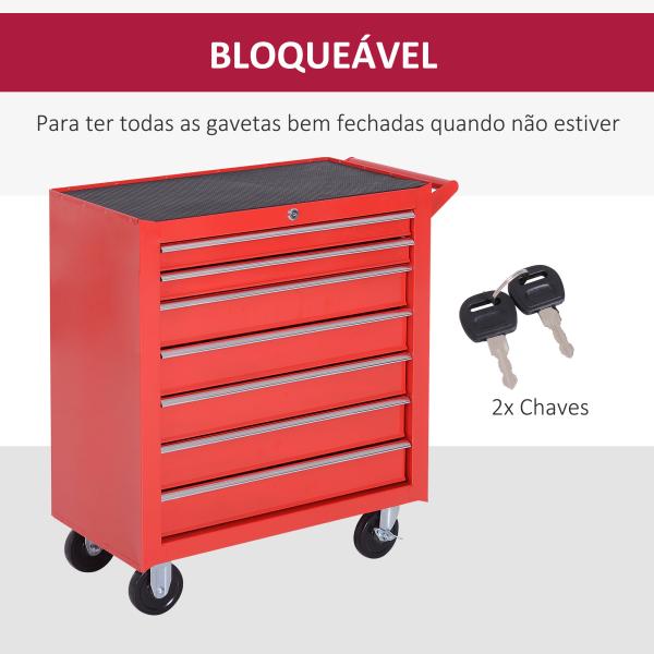 Carrinho de Ferramentas com 7 Gavetas Rodas Trava Armário de Armazenamento para Oficina de Garagem e Chapa de Aço 69x33x75 cm Vermelho