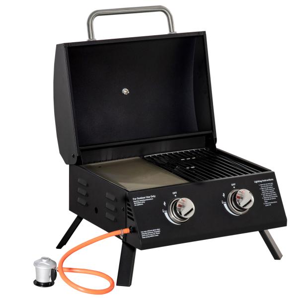 Barbecue a Gás Dobrável com 2 Queimadores Churrasqueira à Gás Portátil com Termómetro para Campismo Piquenique ao Ar Livre Jardim 55x46,5x41cm Preto