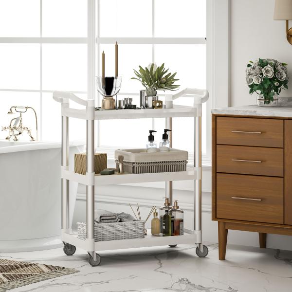 Carrinho Auxiliar com Rodas e 3 Prateleiras Carrinho de Cozinha com Armazenamento Carga 105 kg 88x44x93 cm Branco