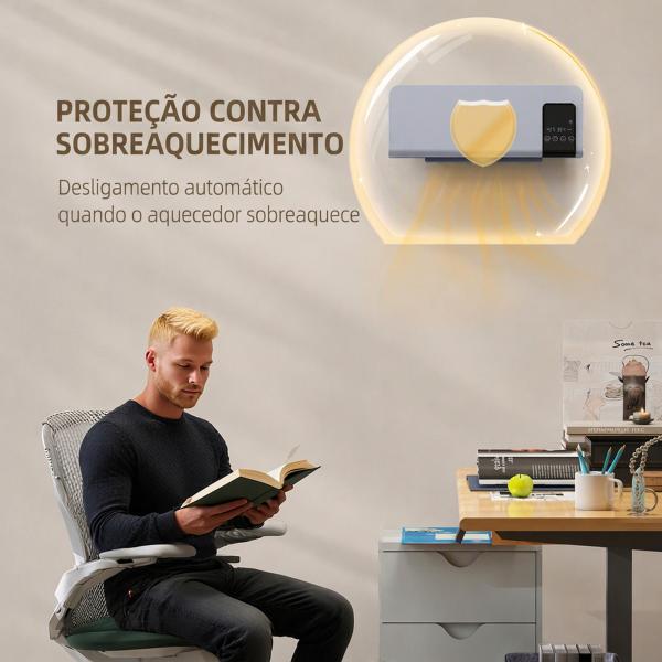 Aquecedor Elétrico de Parede 1000W/2000W com Ecrã LED Controlo Remoto Termostato Temporizador para Áreas de 15 - 20 m² 54,5x12x21,5 cm Cinzento