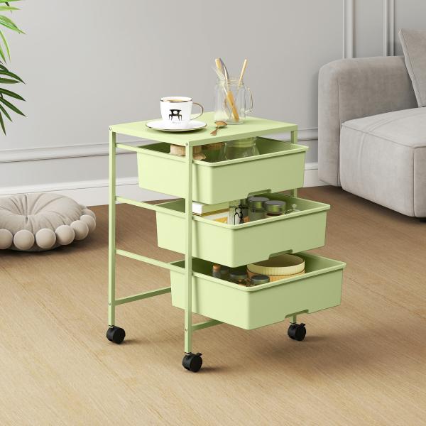 Carrinho Auxiliar com Rodas Carrinho de Cozinha de 3 Níveis com 3 Cestos e Estrutura de Aço 40,8x33,5x60,5 cm Verde