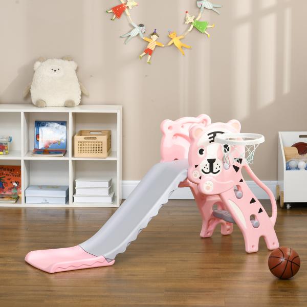 Escorrega para Crianças 2 em 1 com 2 Degraus Cesta de Basquetebol e Desenho de Tigre para Interior 133x60x70 cm Rosa