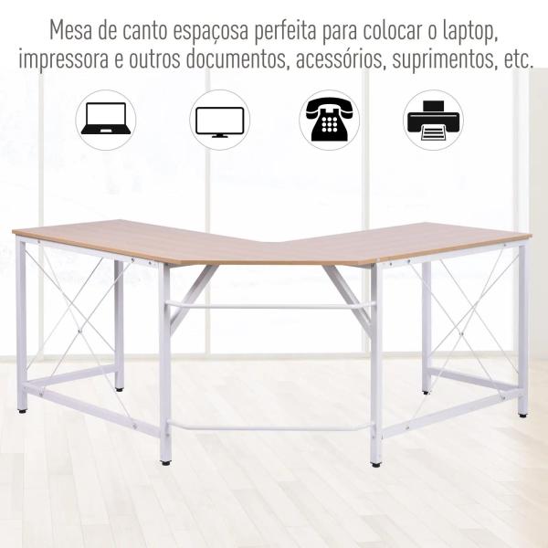 Secretária em Forma de L Secretária para Escritório com Estrutura de Metal Secretária de Canto 150x150x76 cm Branco e Madeira