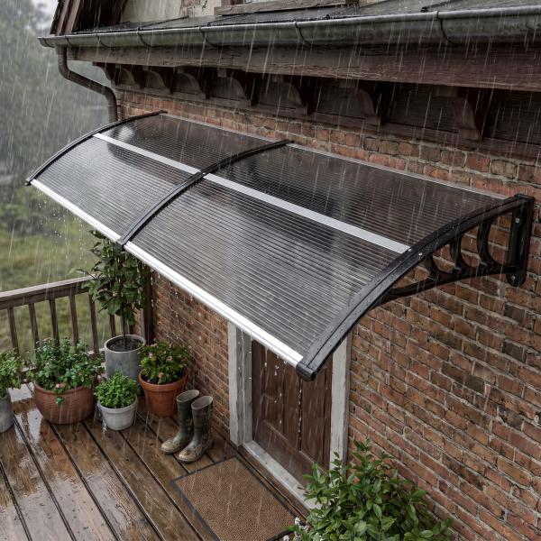 Marquise para Portas e Janelas 196x75x23 cm Marquise de Proteção contra Sol e Chuva com Cobertura de Policarbonato Preto