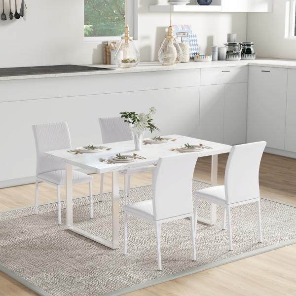 Conjunto de 4 Cadeiras de Sala de Jantar, Cadeiras Modernas para Cozinha, Encosto Alto com Costuras Decorativas em Forma de Diamante, Estofadas em Pele Sintética, Pernas de Aço, Suportam até 120 kg, Branco