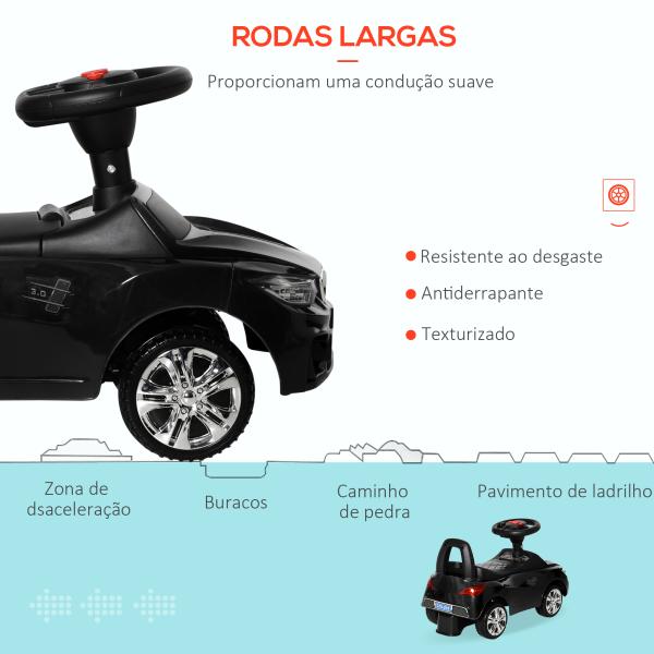 Carro Andador para Crianças com Faróis Música Buzina Volante Compartimento de Armazenamento 63,5x28x36 cm Preto