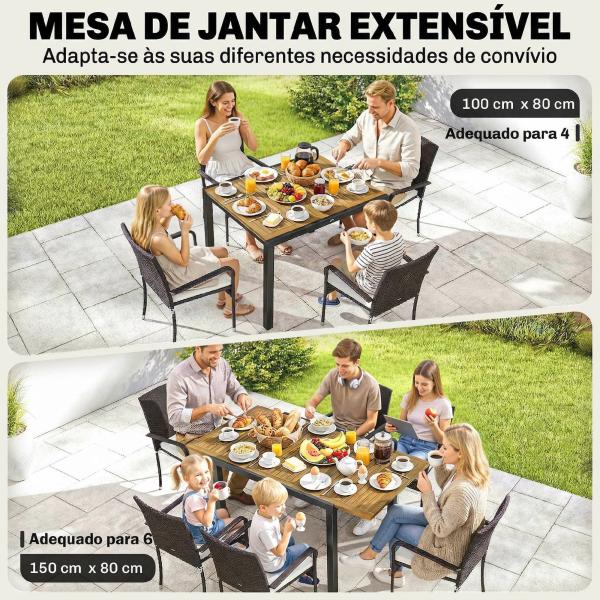 Conjunto de Mesa e Cadeiras de Jardim em Vime 7 Peças com Mesa Extensível em Madeira e 6 Cadeiras Empilháveis Creme