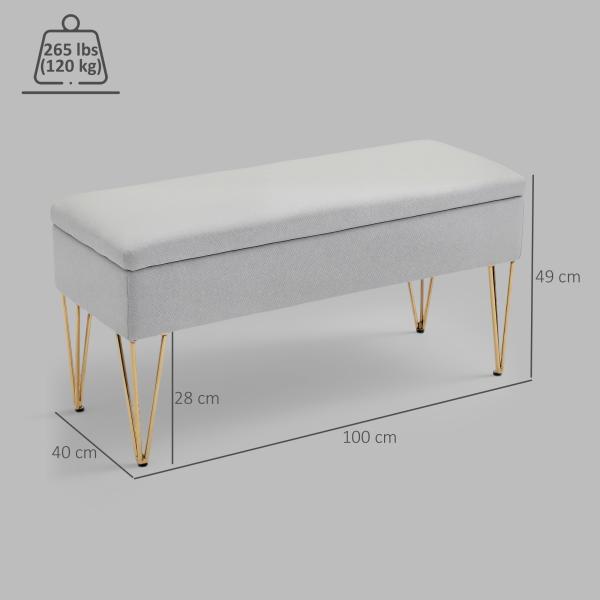 Banco para o Pé da Cama Estofado em Tecido Sintético com Pernas de Aço e Assento Acolchoado Cinzento Claro