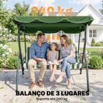Baloiço de Jardim de 2 - 3 Lugares com Almofada Toldo Ajustável Terraço Patio Capacidade 240kg 170x110x153cm Verde e Branco