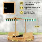 Caixa de Areia para Crianças de Madeira com Toldo Ajustável em Altura 2 Bancos e Encostos para Jardim 106x106x121 cm Natural