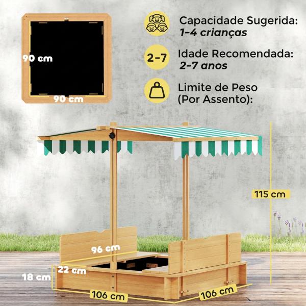 Caixa de Areia para Crianças de Madeira com Toldo Ajustável em Altura 2 Bancos e Encostos para Jardim 106x106x121 cm Natural
