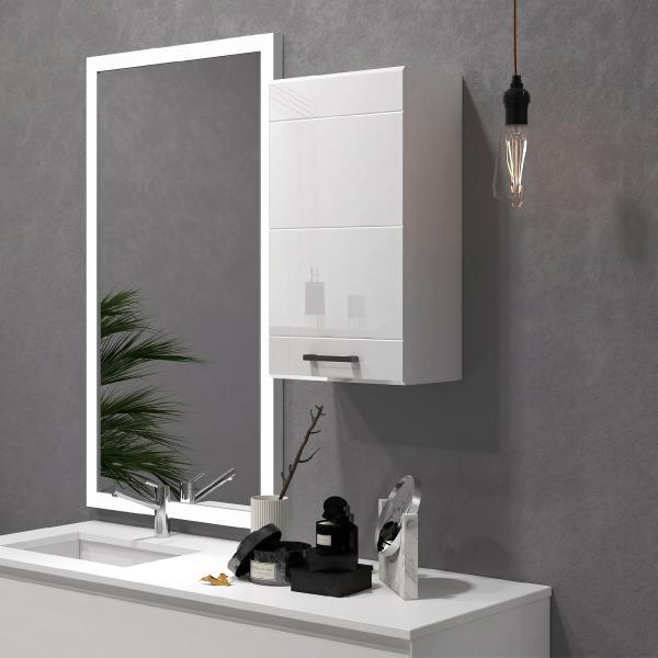 Móvel de Casa de Banho Suspenso com Prateleira Ajustável para Cozinha Lavandaria Quarto Branco Brilhante