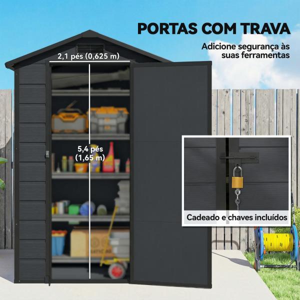 Abrigo de Jardim 1,09 m² 128x104x196 cm com Base Porta com Fechadura Janela e Ventilação, Cinzento Escuro