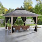 Tenda Dobrável Pop - up com Altura Ajustável Proteção UV50+ Telhado Duplo e Redes Mosquiteiras 4x4x2,8 m Cinzento Claro