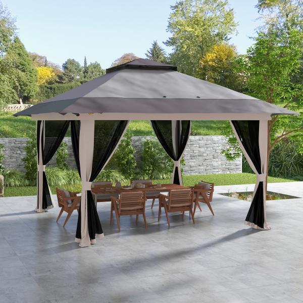 Tenda Dobrável Pop - up com Altura Ajustável Proteção UV50+ Telhado Duplo e Redes Mosquiteiras 4x4x2,8 m Cinzento Claro