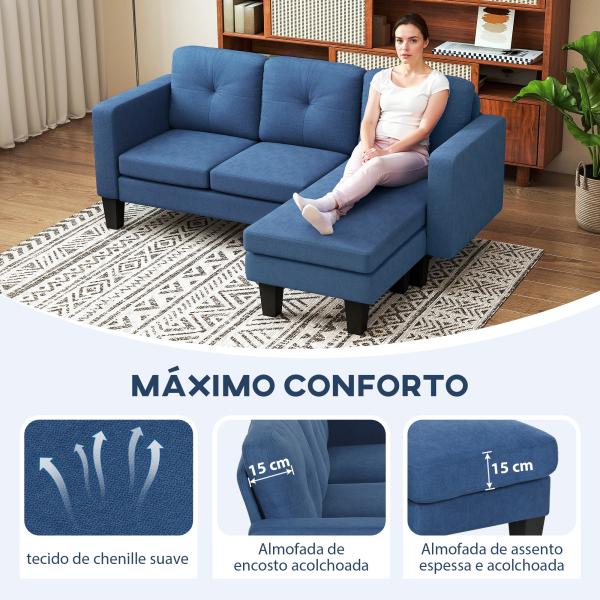 Sofá Chaise Longue Sofá em Forma de L Estofado em Poliéster Sofá de Canto Reversível 186x130x84 cm Azul Escuro