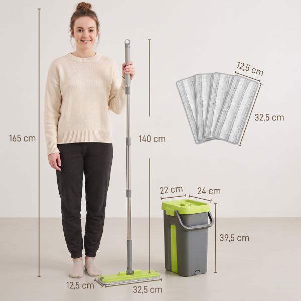 Conjunto de Mopa Plana e Balde com Espremedor 2 Compartimentos Cabeça 360° 5 Mopas de Microfibra Uso a Seco e Húmido Cinza Escuro