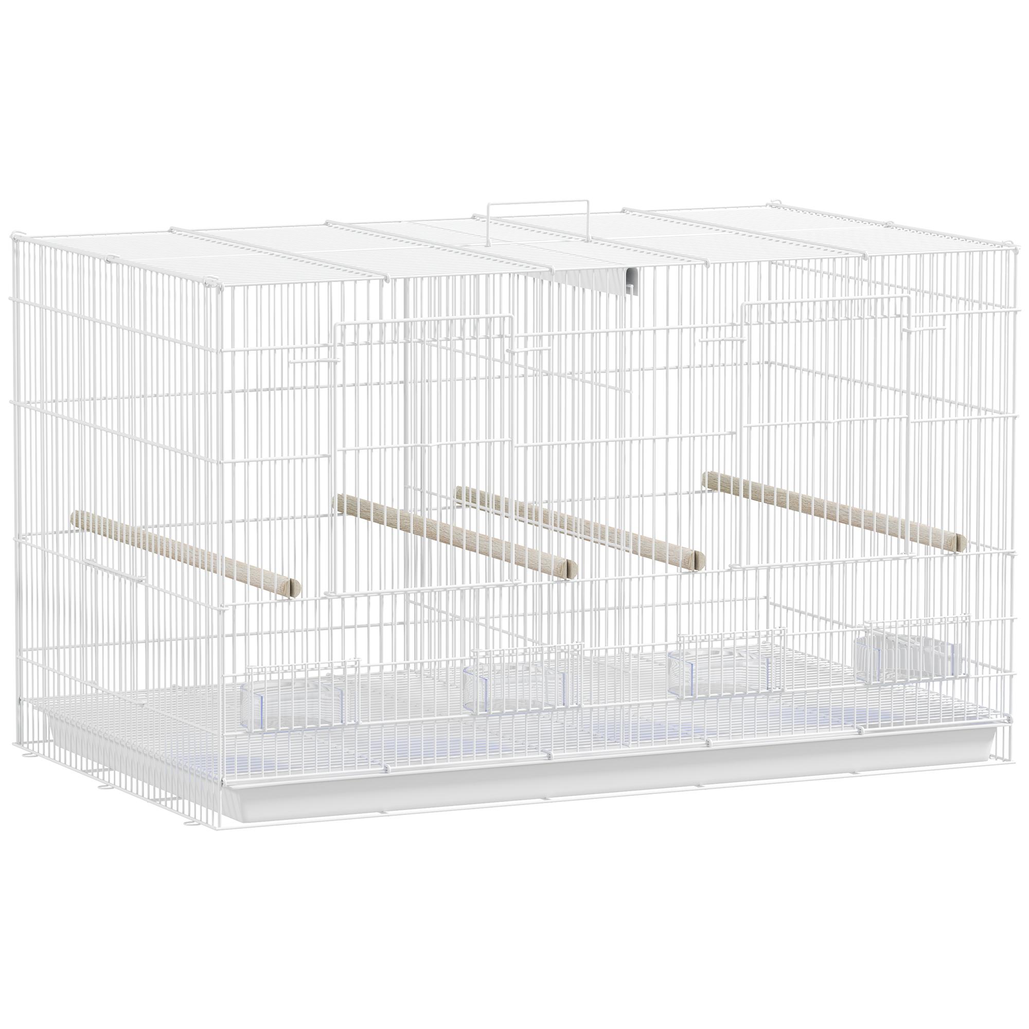Gaiola para Pássaros com Divisória Gaiola para Aves com 4 Comedouros 4 Poleiros e Bandeja Amovível 76x46x46 cm Branco
