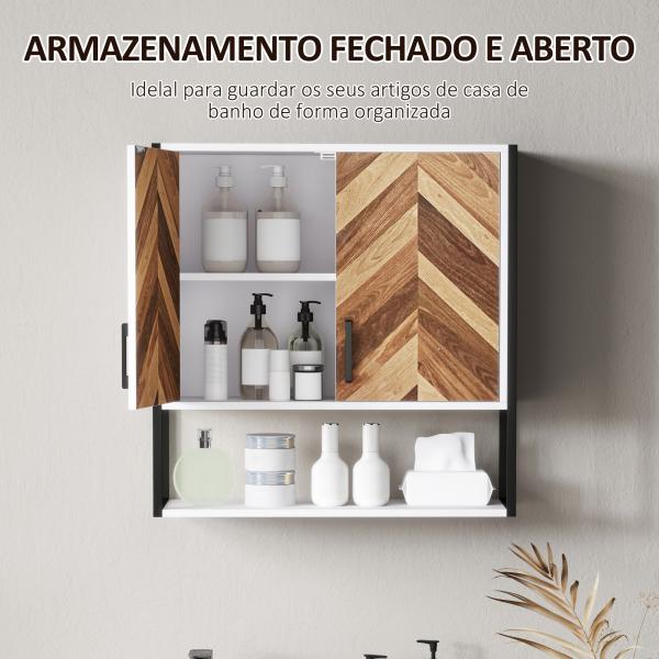 Armário de Parede para Casa de Banho com 2 Portas Prateleiras Ajustáveis e Prateleira Aberta 59x20x60 cm Branco e Madeira