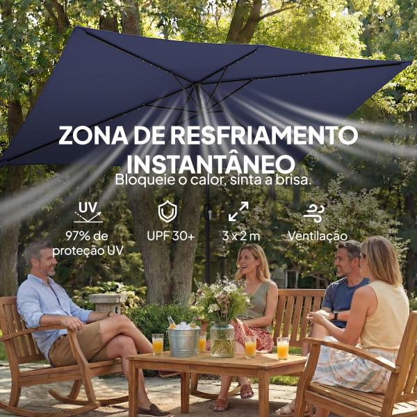 Chapéu de Sol de Jardim com 24 Luzes LED Solares Cobertura Inclinável Poste Metálico 29x25 m Azul Escuro