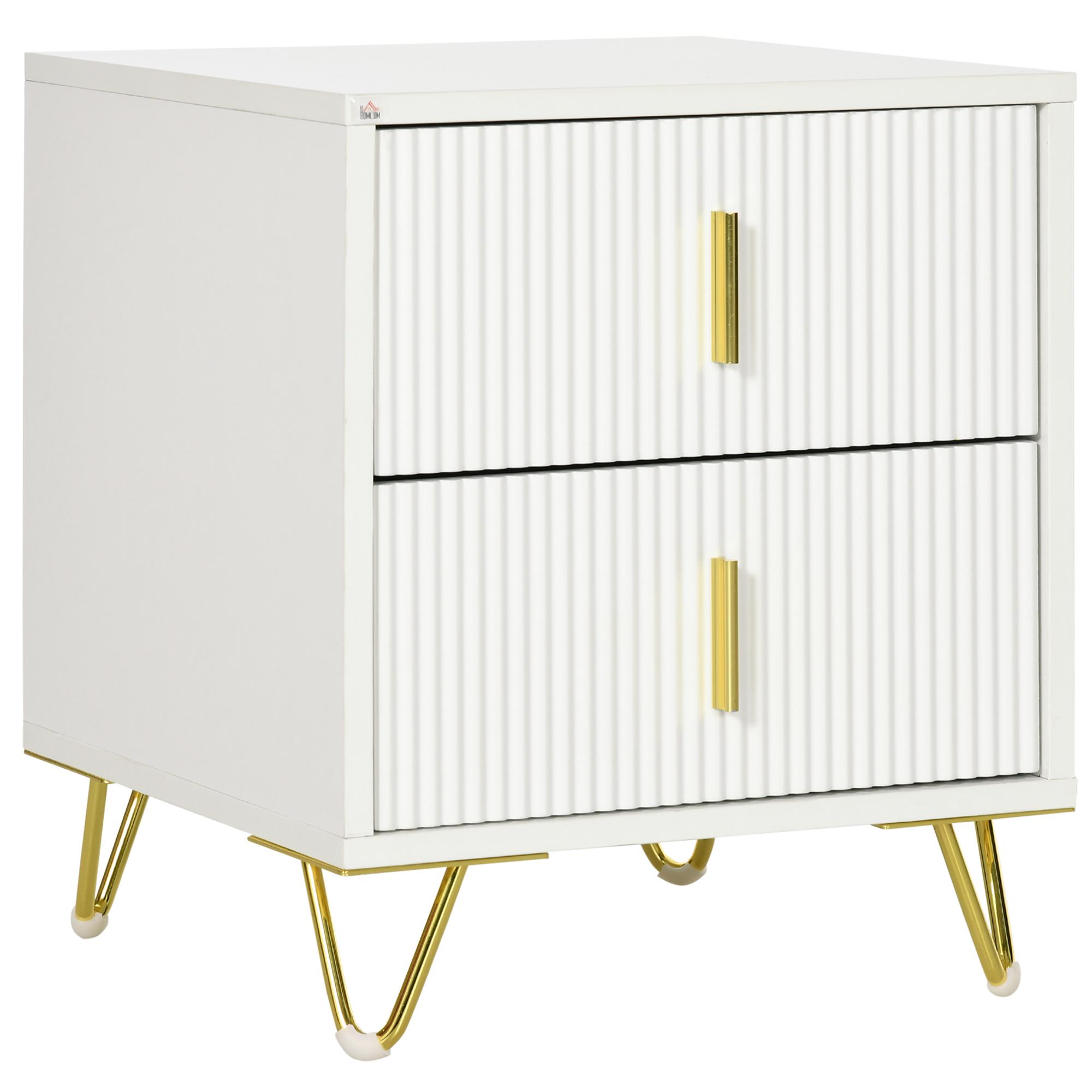 Mesa de Cabeceira com 2 Gavetas Mesa Auxiliar com Pés de Metal para Sala de Estar Dormitório 40x40x47 cm Branco e Dourado