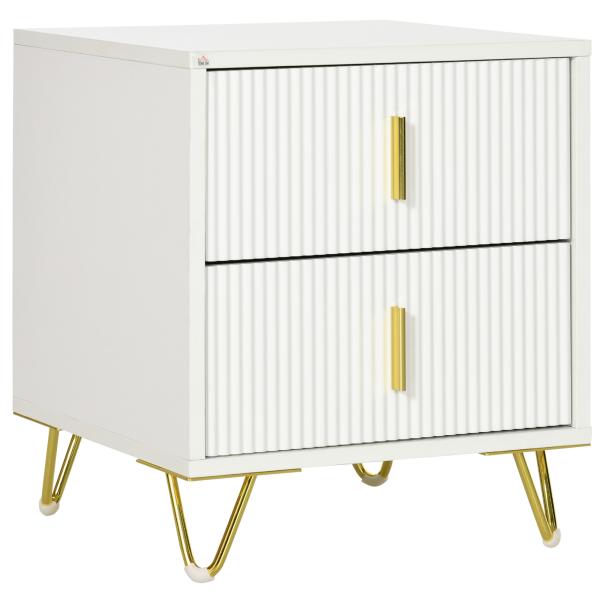 Mesa de Cabeceira com 2 Gavetas Mesa Auxiliar com Pés de Metal para Sala de Estar Dormitório 40x40x47 cm Branco e Dourado