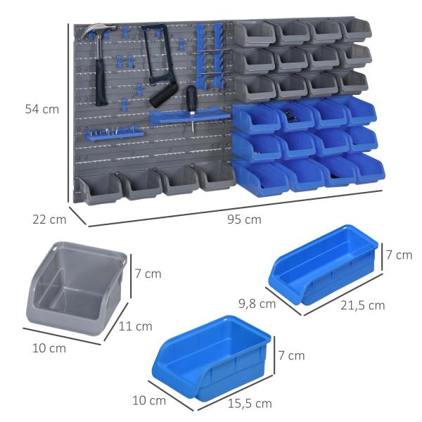 Prateleira de Parede Organizador de Ferramentas Prateleiras de Armazenamento com 28 Caixas ​54x95 cm Cinza e Azul