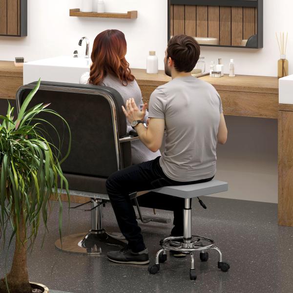 Banco Giratório com Rodas Altura Regulável 50 - 66 cm Assento Estofado em Imitação de Couro 34x34x50 - 66 cm Cinzento