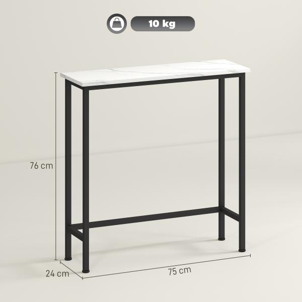 Mesa Consola Moderna Consola Estreita com Superfície com Efeito Mármore e Estrutura de Metal 75x24x76 cm Branco e Preto