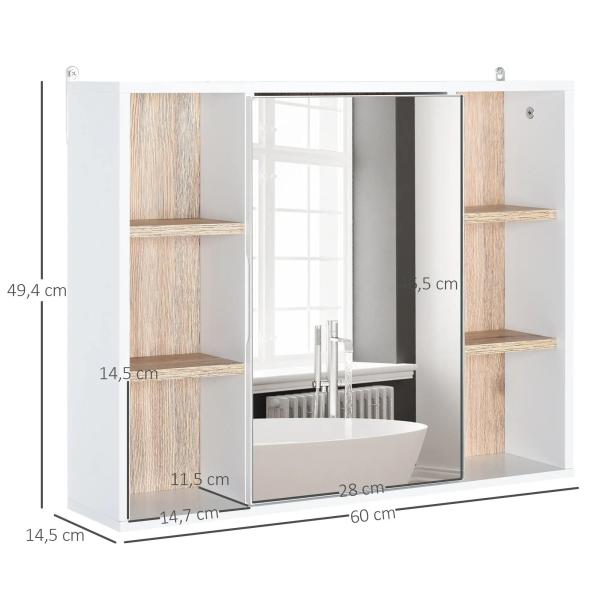 Armário de Espelho com Espaço Interno com Prateleiras Ajustáveis ​​Armário de Banheiro com Prateleiras Abertas 60x14,5x49,4 cm Branco e Carvalho
