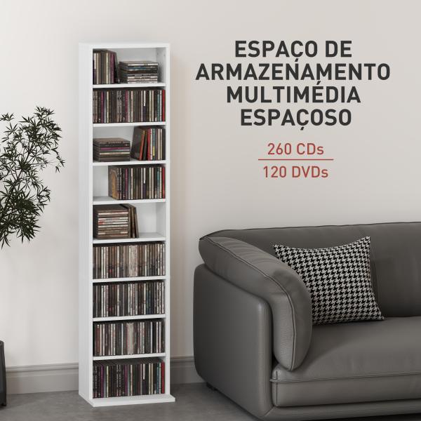 Estante para CDs e DVDs Suportes para CD Estreitos com 9 Compartimentos Prateleiras Ajustáveis 33x24x140 cm Branco