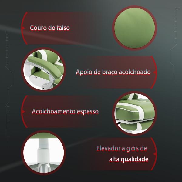 Cadeira Gamer Reclinável com Altura Ajustável Apoio para os Pés Retrátil Suporte Lombar e Almofada de Cabeça Amovível Verde