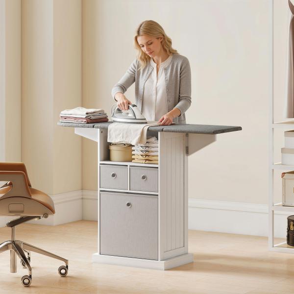 Móvel para Engomar Roupa com Rodas Tábua de Engomar Dobrável com 3 Gavetas Compartimento Aberto 121x37x89,5 cm Branco