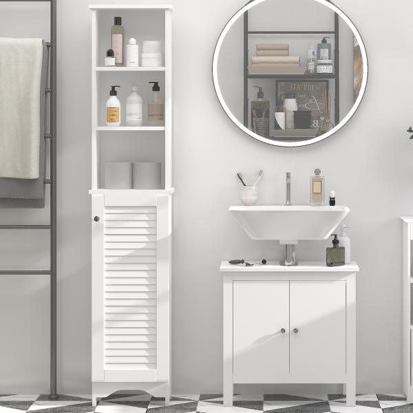 Coluna Casa de Banho com 1 Porta 3 Prateleiras Abertas e Prateleira Interior Ajustável 34x20x165cm Branco