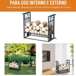 Suporte para Lenhas 75x30x60cm Porta Lenha com Desenho Vintage com 4 Ferramentas Base Elevada Carga Máxima 100kg Aço Preto