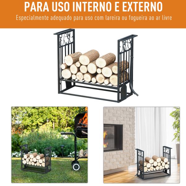 Suporte para Lenhas 75x30x60cm Porta Lenha com Desenho Vintage com 4 Ferramentas Base Elevada Carga Máxima 100kg Aço Preto