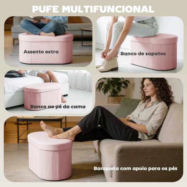 Puff de Arrumação Banco de Arrumação Dobrável 72 L 76x38x35 cm Estofado em Veludo Baú de Armazenamento Rosa