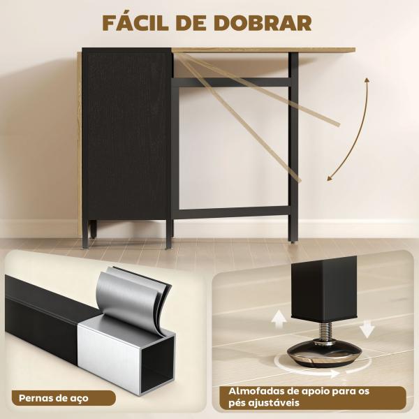 Mesa de Cozinha Dobrável com Arrumação Mesa de Refeição Compacta com 4 Prateleiras 169x60x75 cm Madeira e Preto