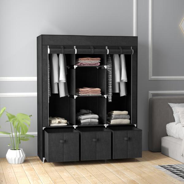 Roupeiro de Tecido com 2 Varões 5 Prateleiras 3 Gavetas Fecho de Correr Estrutura de Aço 125x43x162,5 cm Preto
