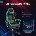 Cadeira Gaming Reclinável até 135° com Suporte Lombar Altura Ajustável Almofada de Cabeça e Apoio para os Pés Retrátil 65x65x121 - 129 cm Preto e Verde