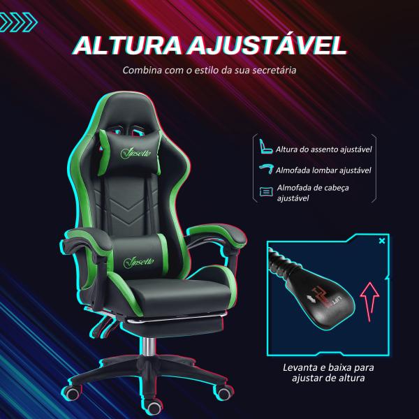 Cadeira Gaming Reclinável até 135° com Suporte Lombar Altura Ajustável Almofada de Cabeça e Apoio para os Pés Retrátil 65x65x121 - 129 cm Preto e Verde