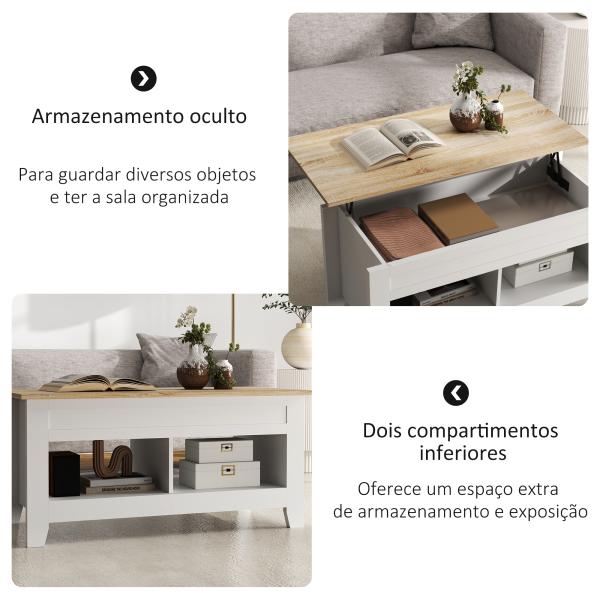 Mesa de Centro com Bancada Elevável 2 Compartimentos Abertos Bancada de Madeira 105x50x49 cm Branco e Madeira