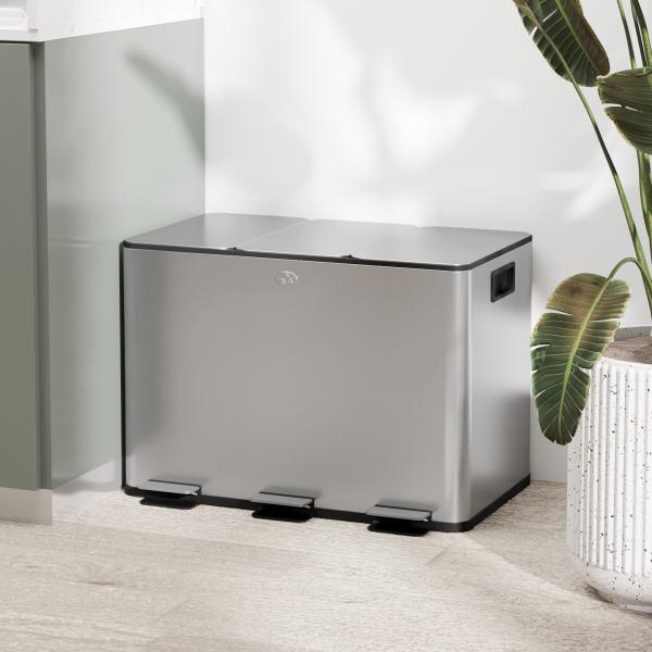 Balde de Lixo de Cozinha com 3 Compartimentos 3x10L com Pedais Tampas com Fechamento Suave e Cubo Amovível Prata