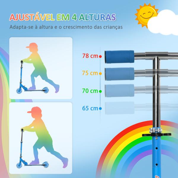 Trotinete para Crianças Dobrável com Luzes e Música 4 Alturas Ajustável Rodas Brilhantes e Pedal LED 67x32x65 - 78 cm Azul